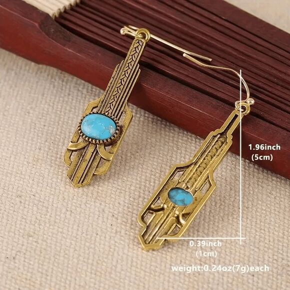 Boho Western Geometric Turquoise Dangle Earrings - Picture 4 of 6